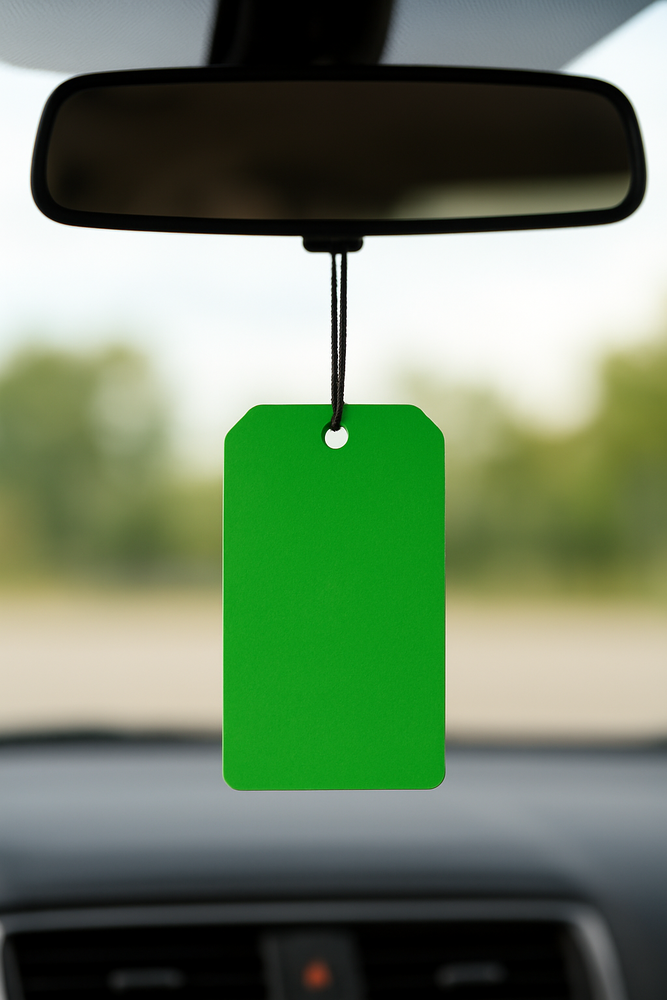 picure of a green tag hanging from a car rear view mirror