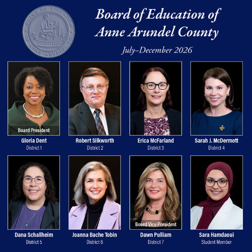 Collage of Board of Education of Anne Arundel County Members. Top row, left to right - Gloria Dent, Robert Silkworth, Erica McFarland, Sarah McDermott. Second row, left to right - Dana Schallheim, Joanna Bache Tobin, Dawn Pulliam, Sara Hamdaoui