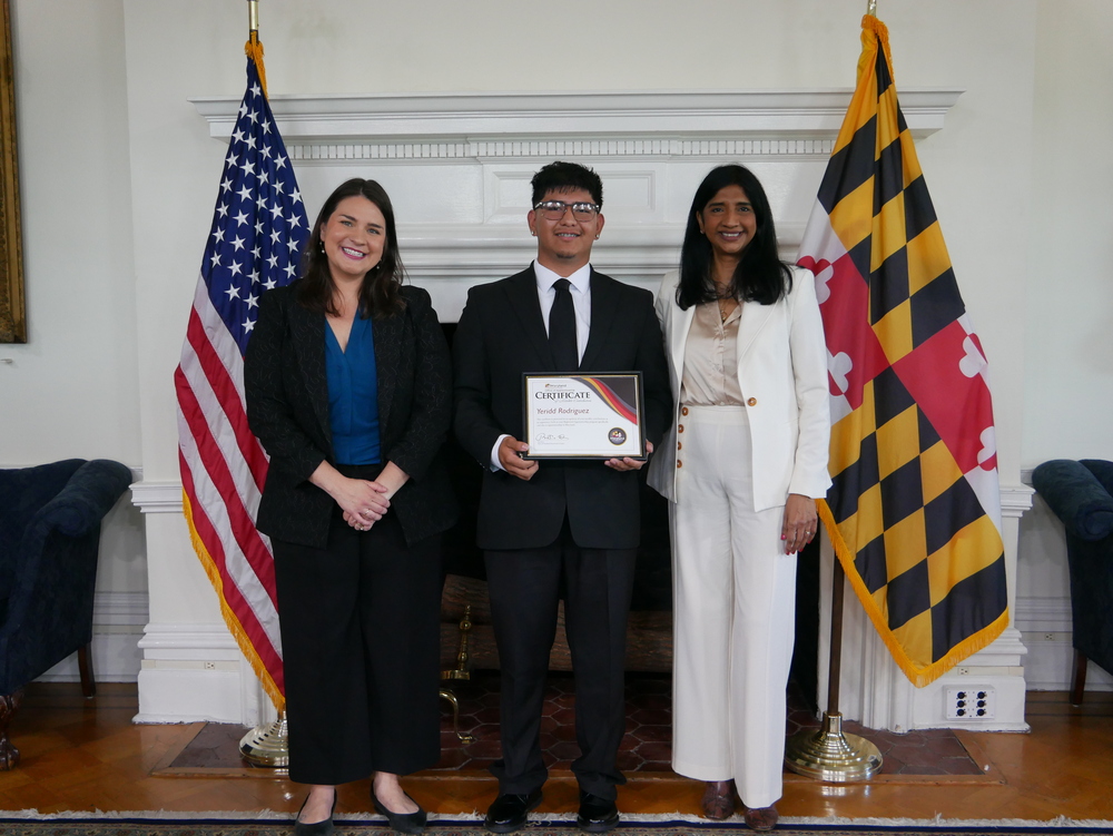 Yeridd Rodriguez with Lt. Gov. Aruna Miller and Assistant Secretary of the Division of Workforce Development and Adult Learning at the Maryland Department of Labor