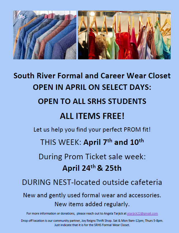 SRHS Formal Wear Closet open 4/7, 4/10, 4/23, 4/24