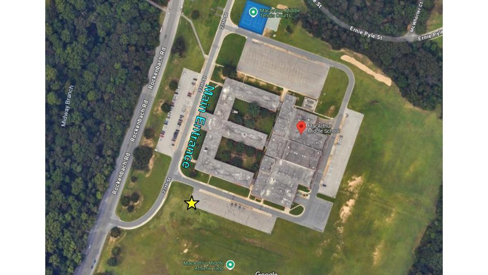 Map with star in parking lot where bin is