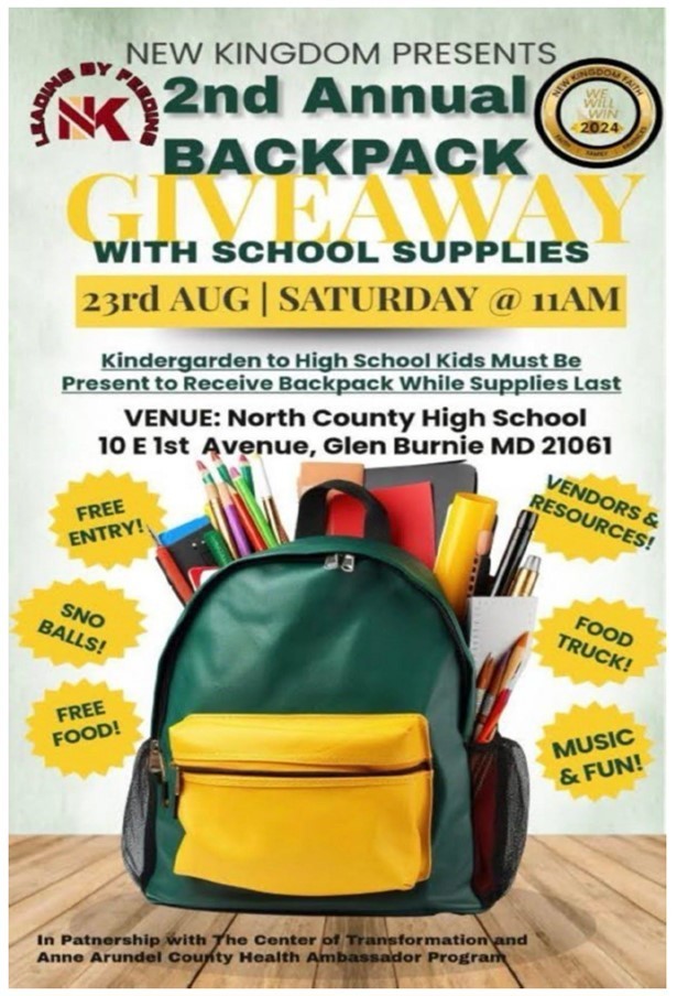 Backpack Giveaway with School Supplies - August 23 at 11:00 AM at North County HS