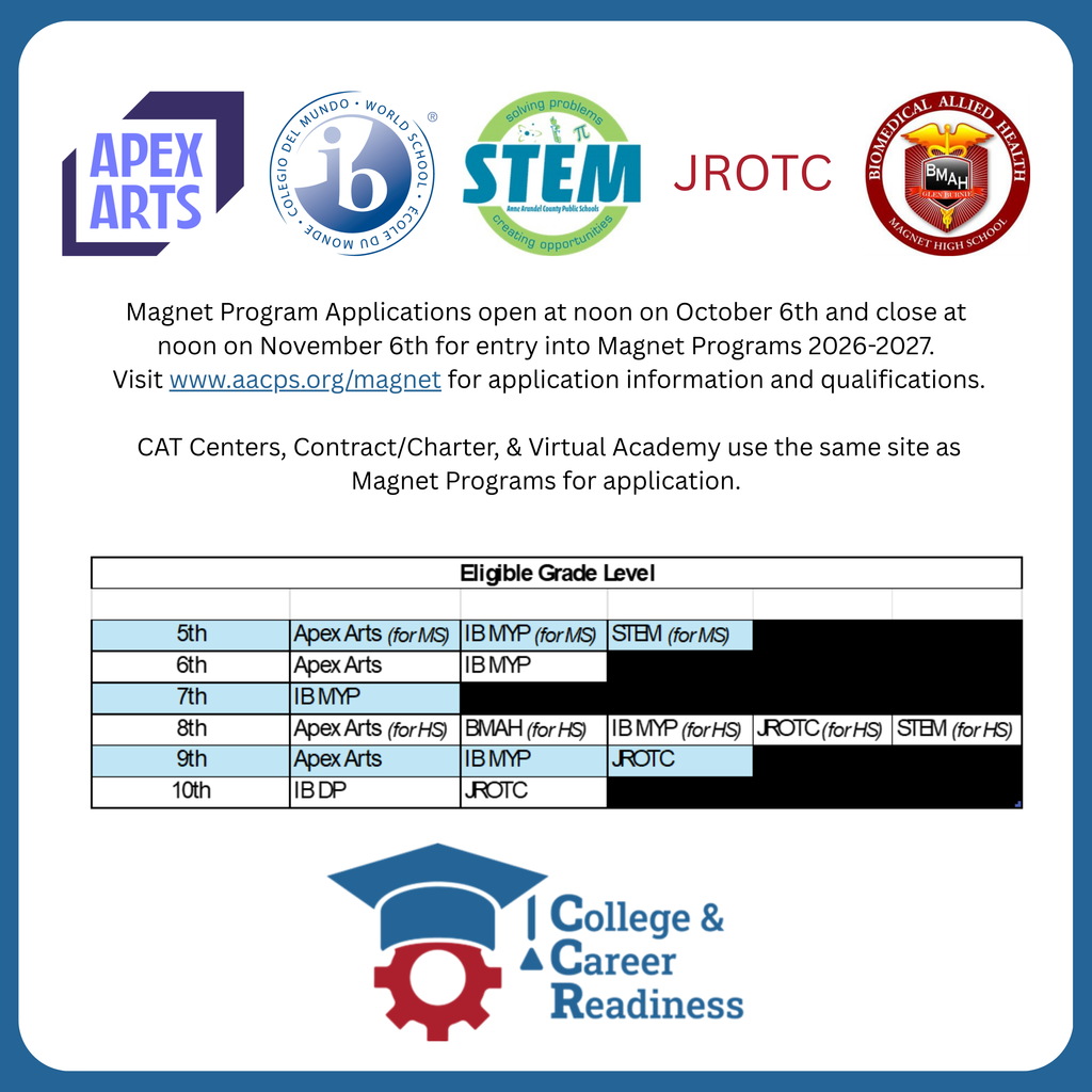 Magnet Program Applications open at noon on October 6th and close at noon on November 6th for entry into Magnet Programs 2026-2027.Visit www.aacps.org/magnet for application information and qualifications.  CAT Centers, Contract/Charter, & Virtual Academy use the same site as Magnet Programs for application.
