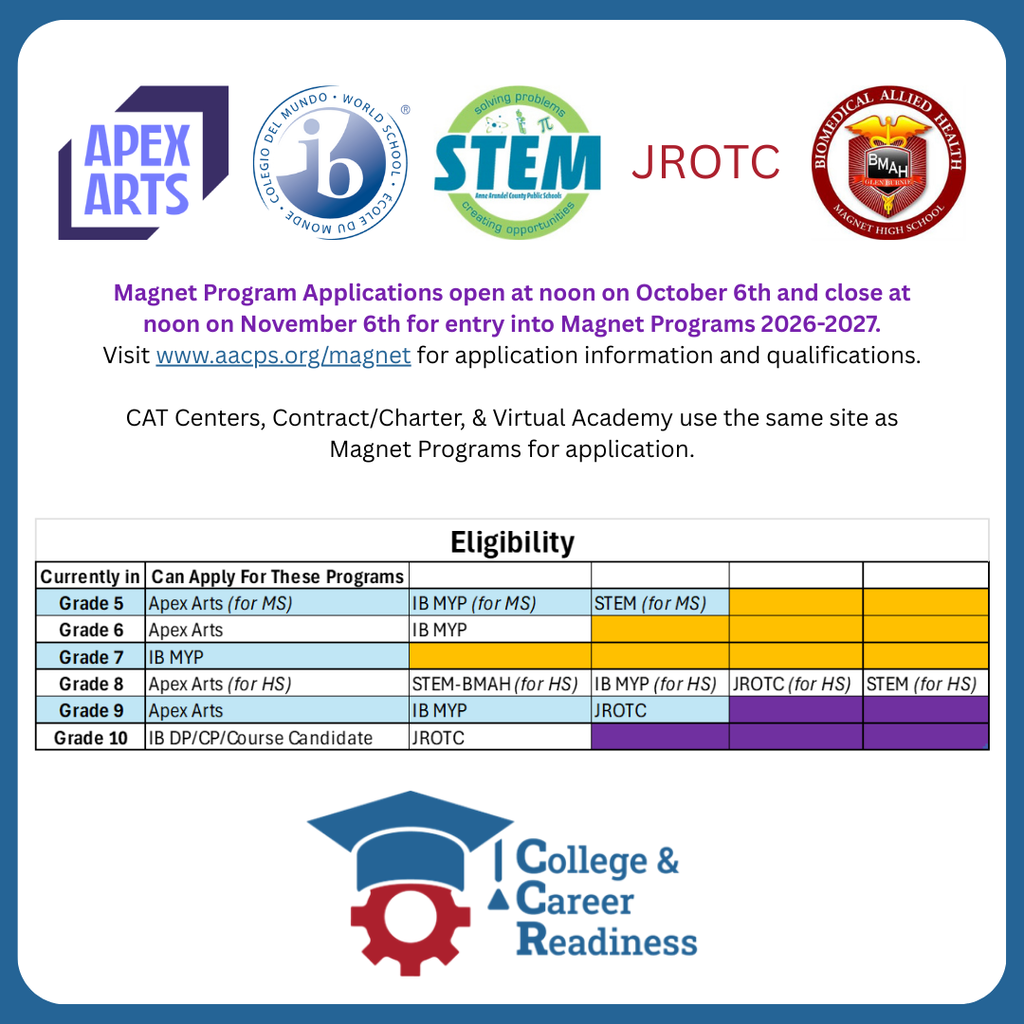 Magnet Program Applications open at noon on October 6th and close at noon on November 6th for entry into Magnet Programs 2026-2027.Visit www.aacps.org/magnet for application information and qualifications.  CAT Centers, Contract/Charter, & Virtual Academy use the same site as Magnet Programs for application.