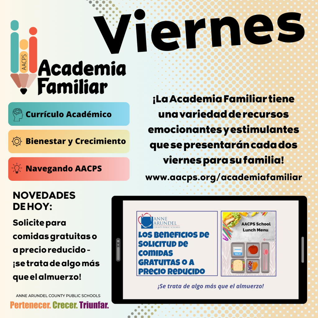 ¡Es viernes de la Academia Familiar! Consulte el boletín de la Academia Familiar en https://aacps.edurooms.com/engage/family-academy/newsletters/family-academy-fridays-9-19-25. Visite la Academia Familiar en cualquier momento en www.aacps.org/academiafamiliar! #AACPSFamilia #PertenecerCrecerTriunfar