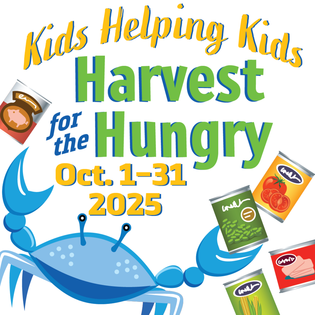 Kids Helping Kids Harvest for the Hungry October 1-31, 2025. Photo with a blue crab holding cans of food. 