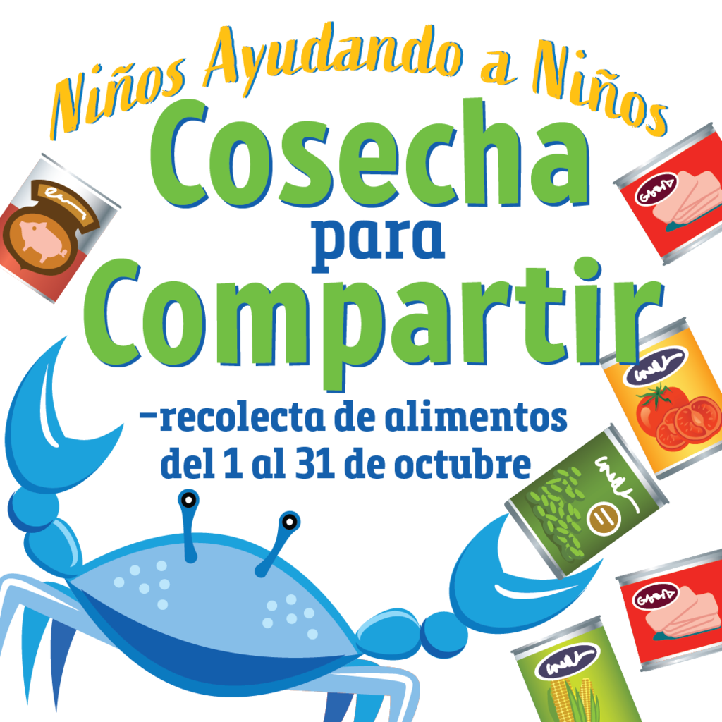 Kids Helping Kids Harvest for the Hungry October 1-31, 2025. Photo with a blue crab holding cans of food. 