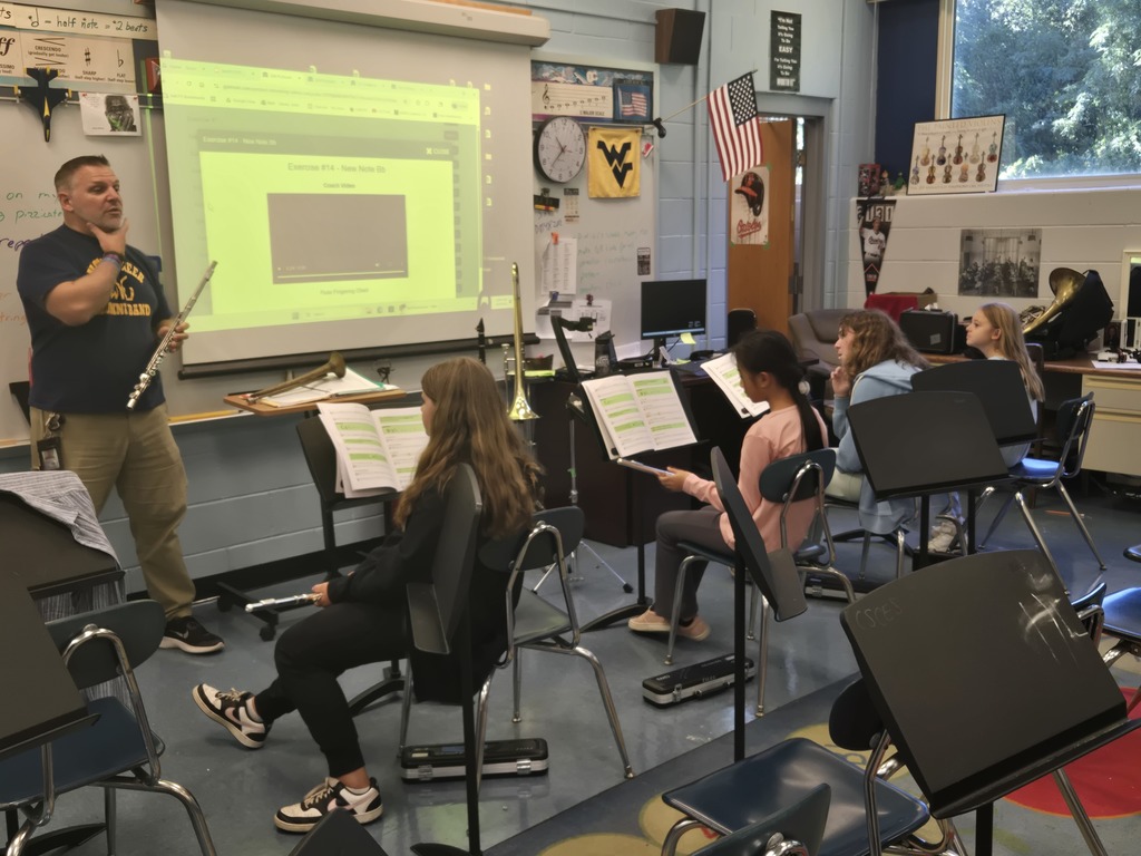 Students playing flutes sitting in chairs.