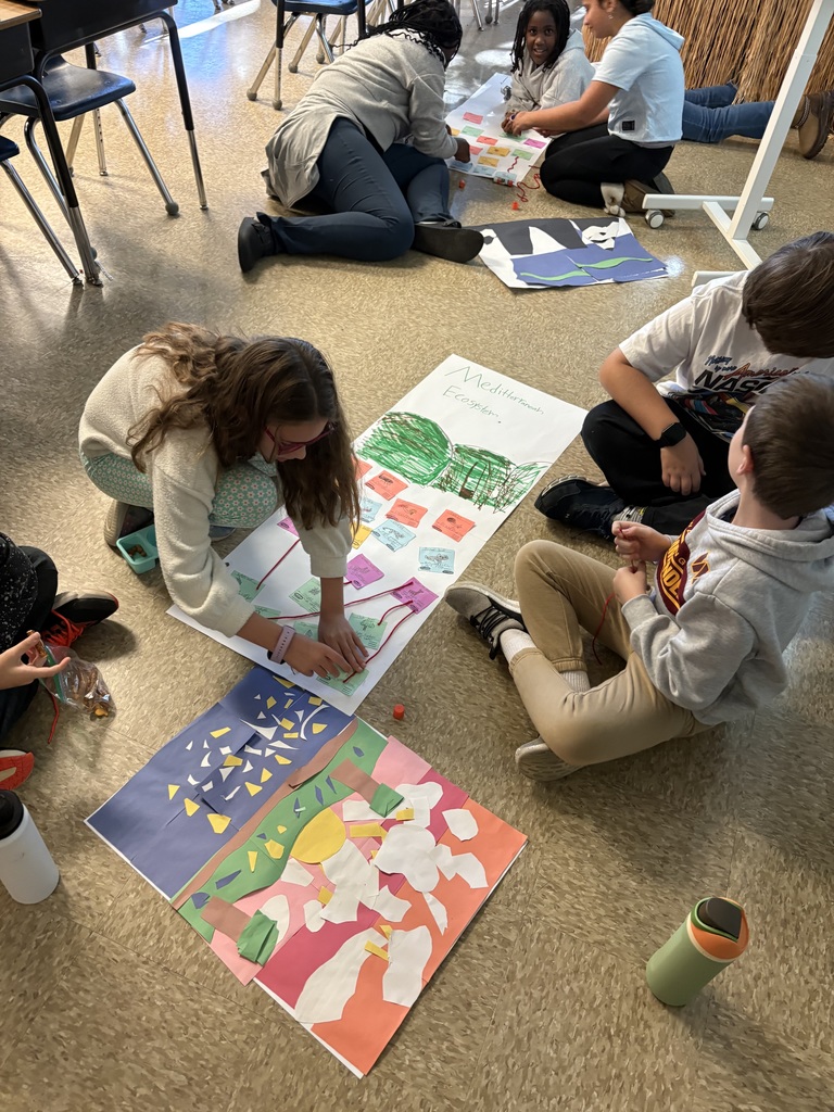 Students wokring on the floor creating a poster.