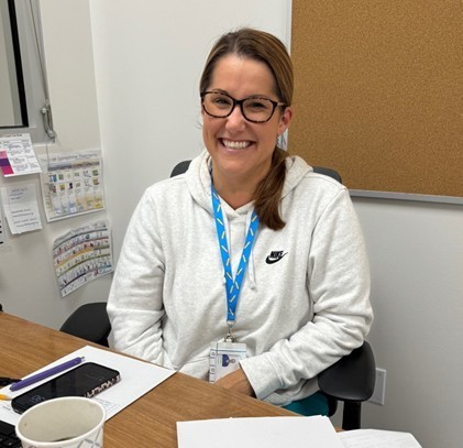 Photo of school nurse in office.