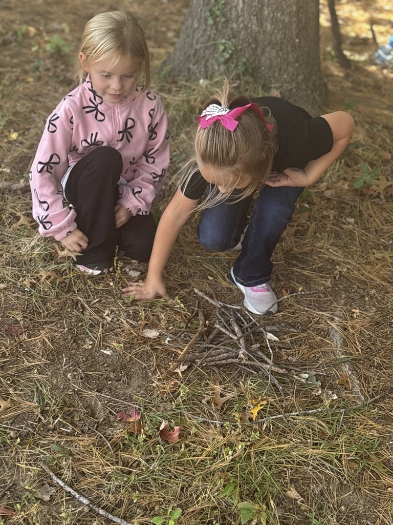 Two students gathering sticks by a tree outside.