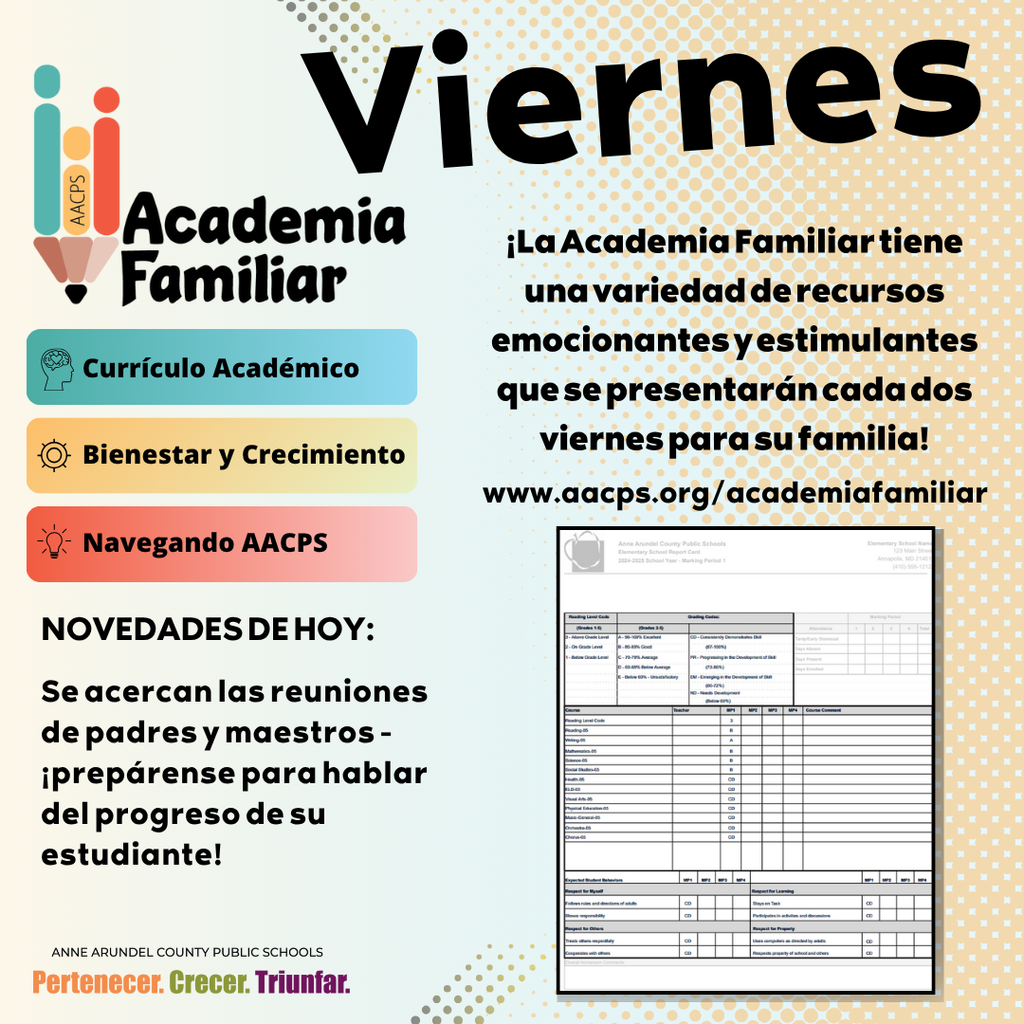 ¡Es viernes de la Academia Familiar! Consulte el boletín de la Academia Familiar en https://aacps.edurooms.com/engage/family-academy/newsletters/family-academy-fridays-11-7-25. ¡Visite la Academia Familiar en cualquier momento en www.aacps.org/academiafamiliar! #AACPSFamilia #PertenecerCrecerTriunfar