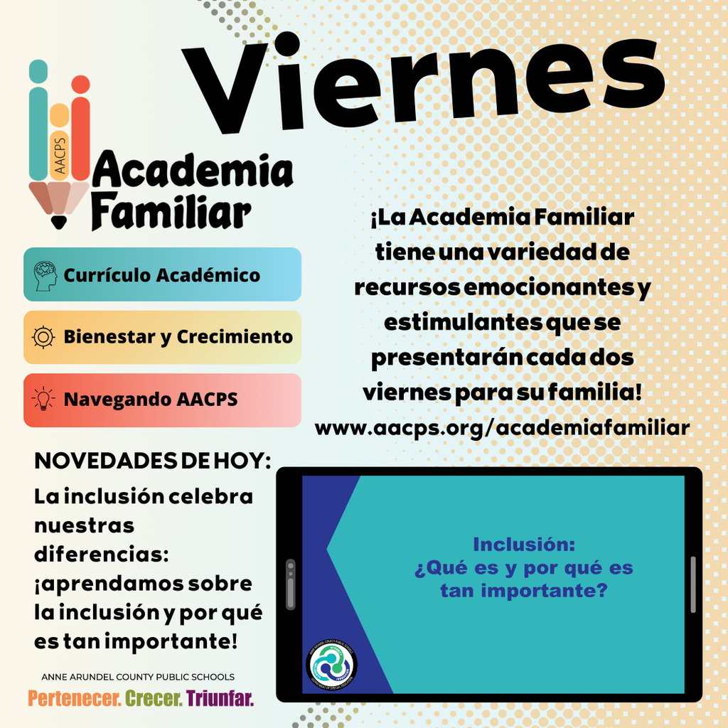 ¡Es viernes de la Academia Familiar! Consulte el boletín de la Academia Familiar en https://aacps.edurooms.com/engage/family-academy/newsletters/family-academy-fridays-12-5-25. ¡Visite la Academia Familiar en cualquier momento en www.aacps.org/academiafamiliar! #AACPSFamilia #PertenecerCrecerTriunfar