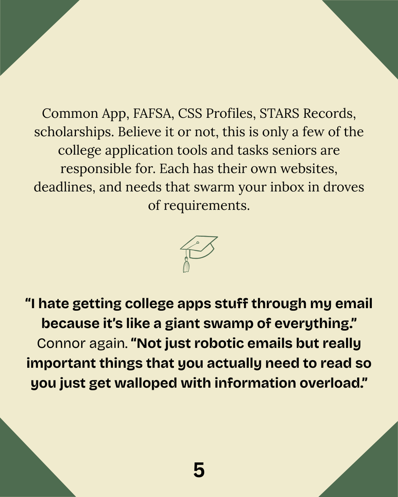Common App, FAFSA, CSS Profiles, STARS Records, scholarships. Believe it or not, this is only a few of the college application tools and tasks seniors are responsible for. Each has their own websites, deadlines, and needs that swarm your inbox in droves of requirements. “I hate getting college apps stuff through my email because it’s like a giant swamp of everything.” Connor again. “Not just robotic emails but really important things that you actually need to read so you just get walloped with information overload.”
