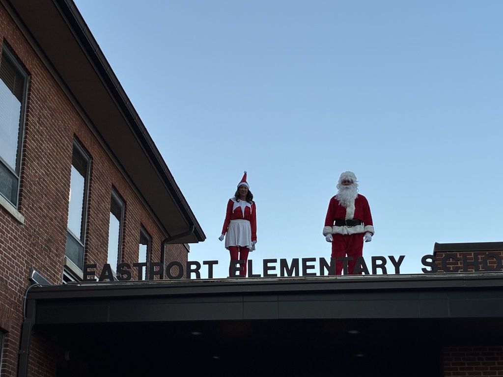 Elf and Santa on Eastport Elementary roof.