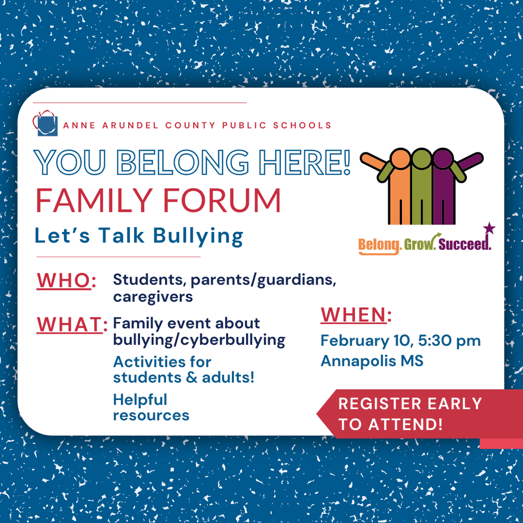 Join us for the third session of You Belong Here! Family Forum: Let's Talk Bullying! 📅 Tuesday, February 10, 2026 ⏰ 5:30 pm - 7:30 pm 📍Annapolis Middle School. Activities for adults and students of all ages + strategies to address bullying. Register at https://forms.gle/LYoXFFfnz1rh1aBW7