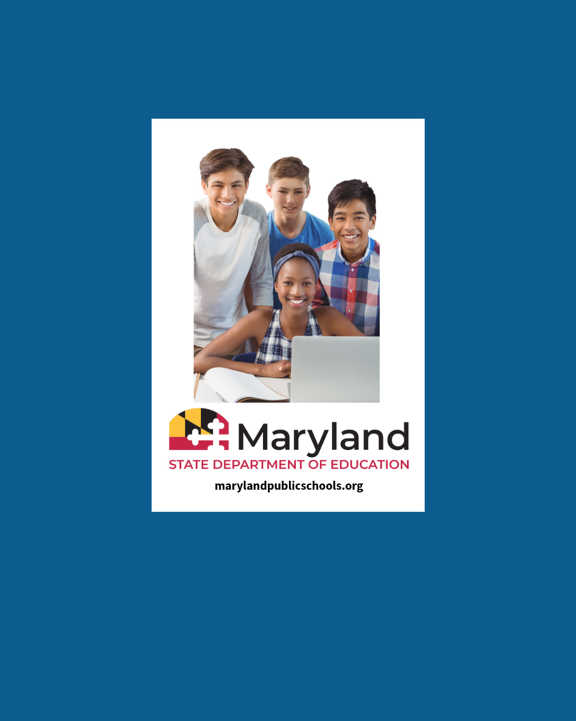Group of kids using a laptop. Maryland flag Logo for Maryland State Department of education. marylandpublicschools.org