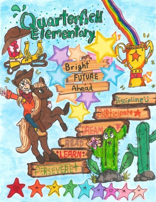 Photo of Yearbook cover- cowboy on horse with cactus and trophy.