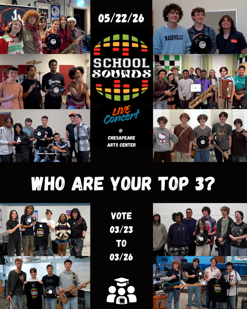 5/22/26 School Sounds Live Concert @ Chesapeake Arts Center "Who are your top 3?" in center of screen, Vote 03/23 to 3/26, 4 corners of post showing school sounds students .