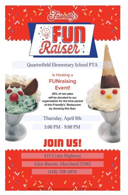 Fundraising flyer with Ice Cream cone clowns on  and information on what time and date to come to Friendlys for the PTA event.