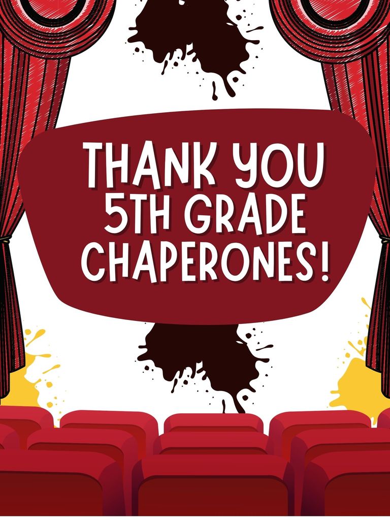 Thank you flyer featuring theater chairs, curtains on a stage and paint splatters