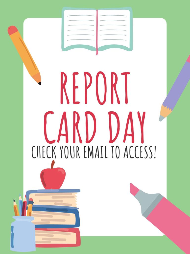 Report Card reminder flyer with pencil, book, marker and cup of pencils