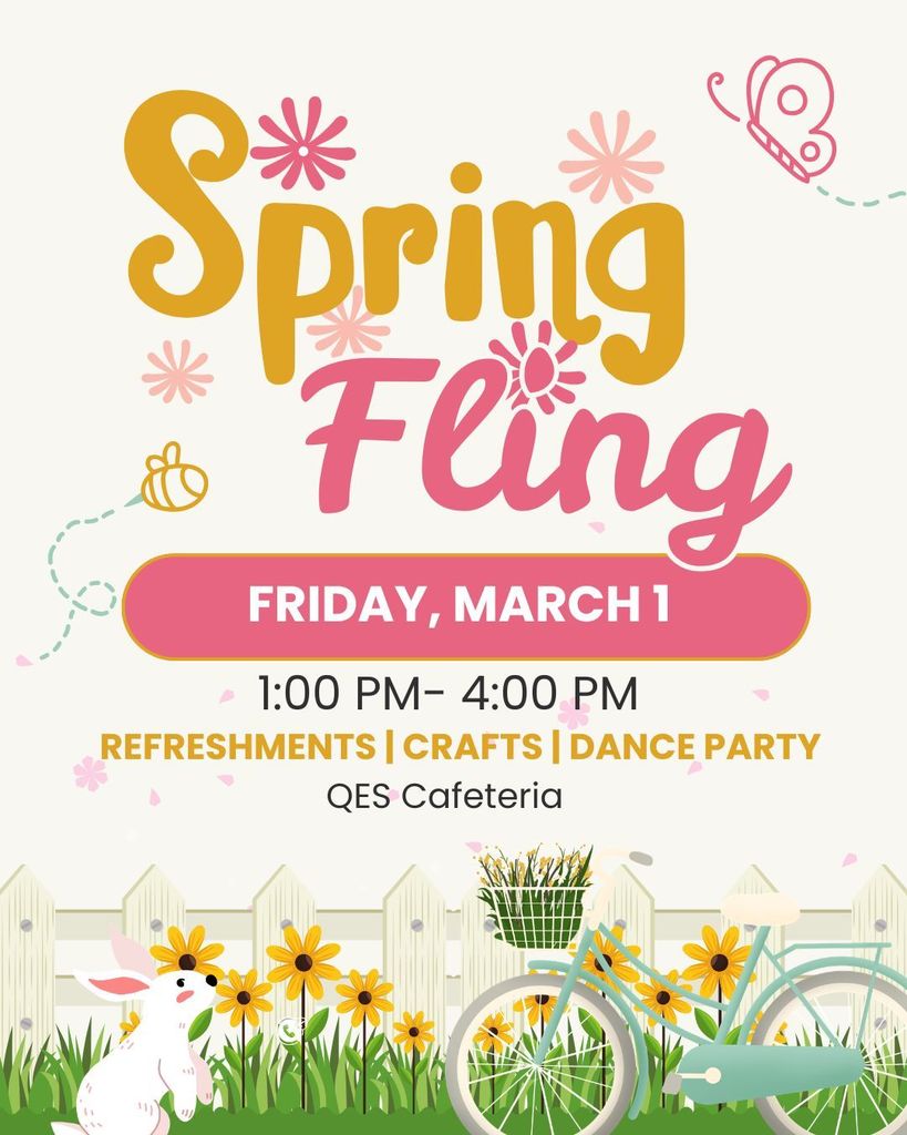 Spring Fling Flyer with bunnies, a bicycle, and flowers by a fence.