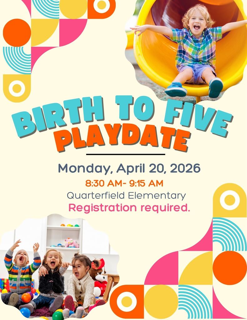 Flyer with young children sliding down a slide and playing on carpet with balls.