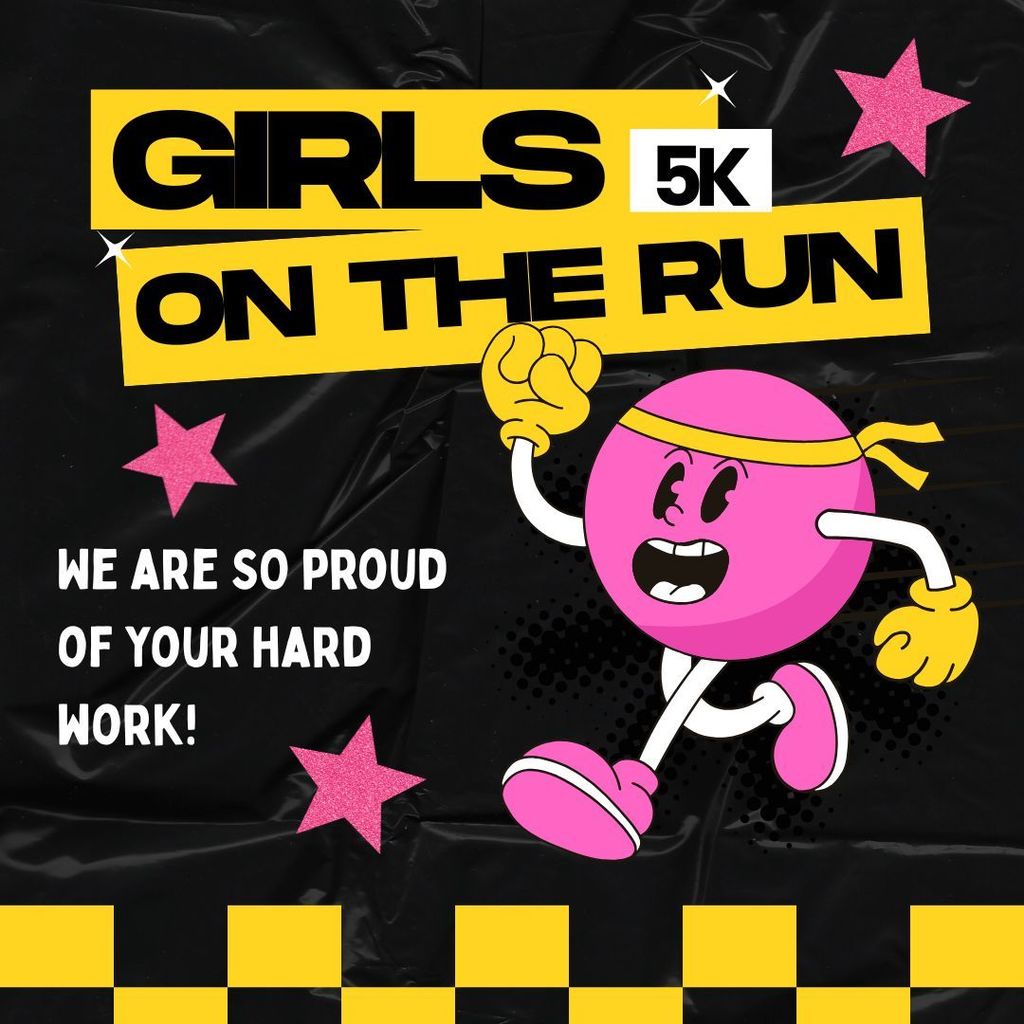 Yellow, black and pink checkered flyer with  Girls on the Run character running in place