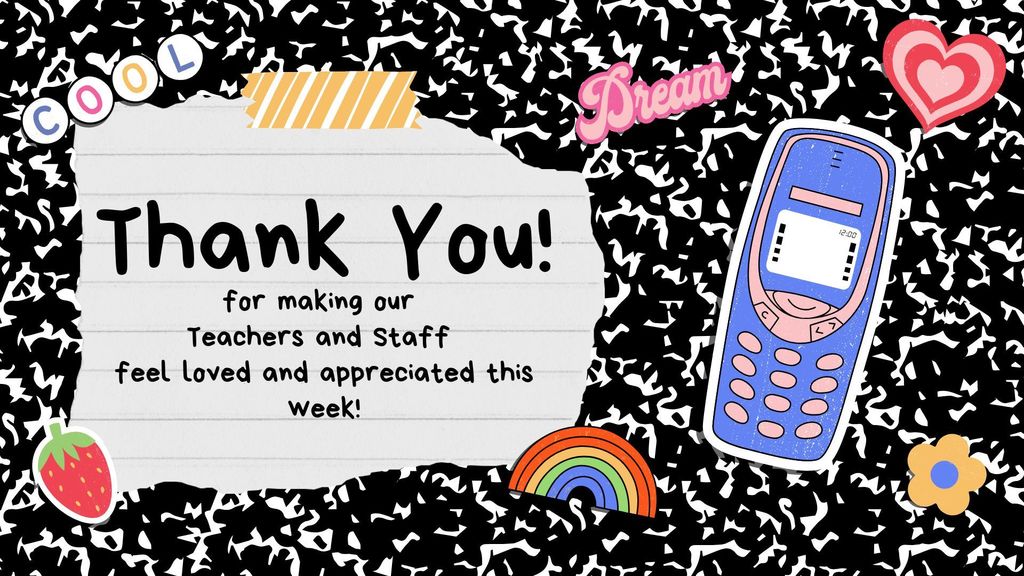 A note that reads "Thank You!" sits on a black and white background. The note includes stickers of a strawberry, heart, and flower.