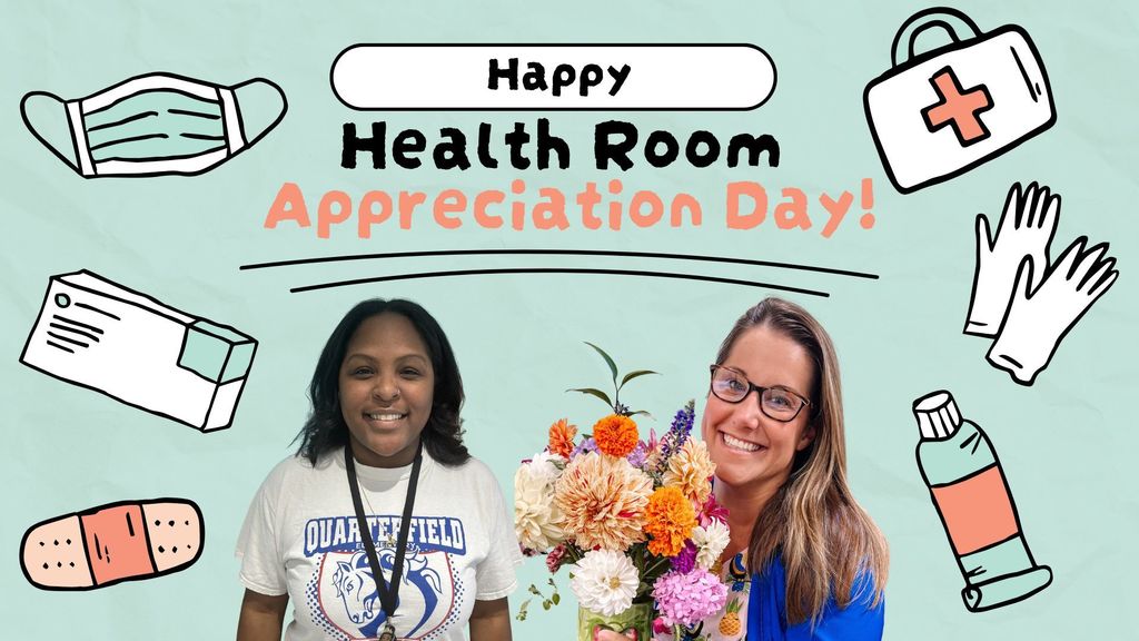Two smiling women hold a bouquet of flowers; one wears a badge. Text reads "Happy Health Room Appreciation Day!" Icons include a mask, first aid kit, and gloves.