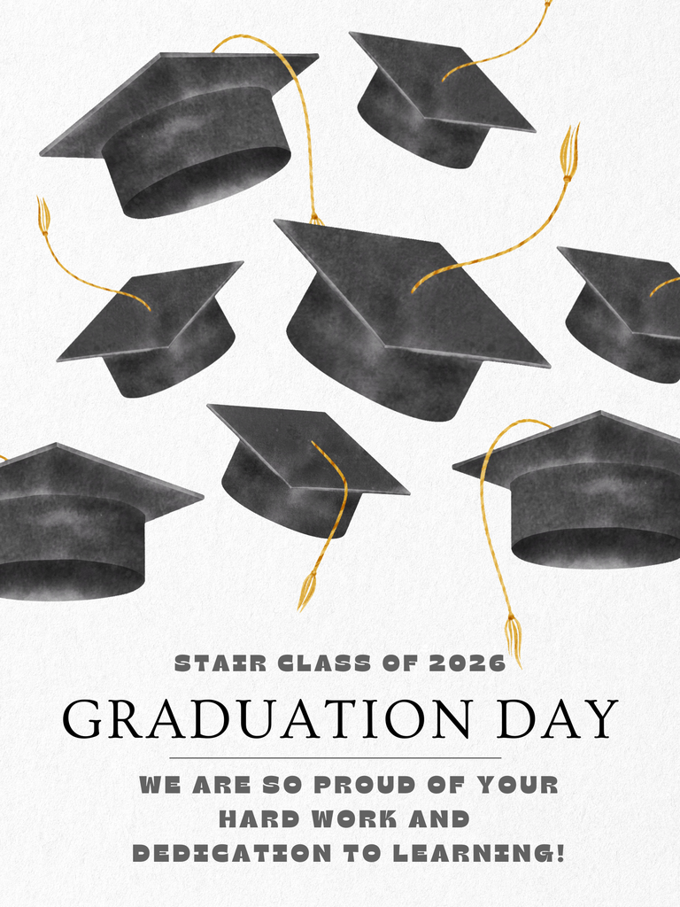 Black graduation caps with tassels floating in air on white background. Text reads "Staer Class of 2026 Graduation Day" and "We are so proud of your hard work and dedication to learning!"
