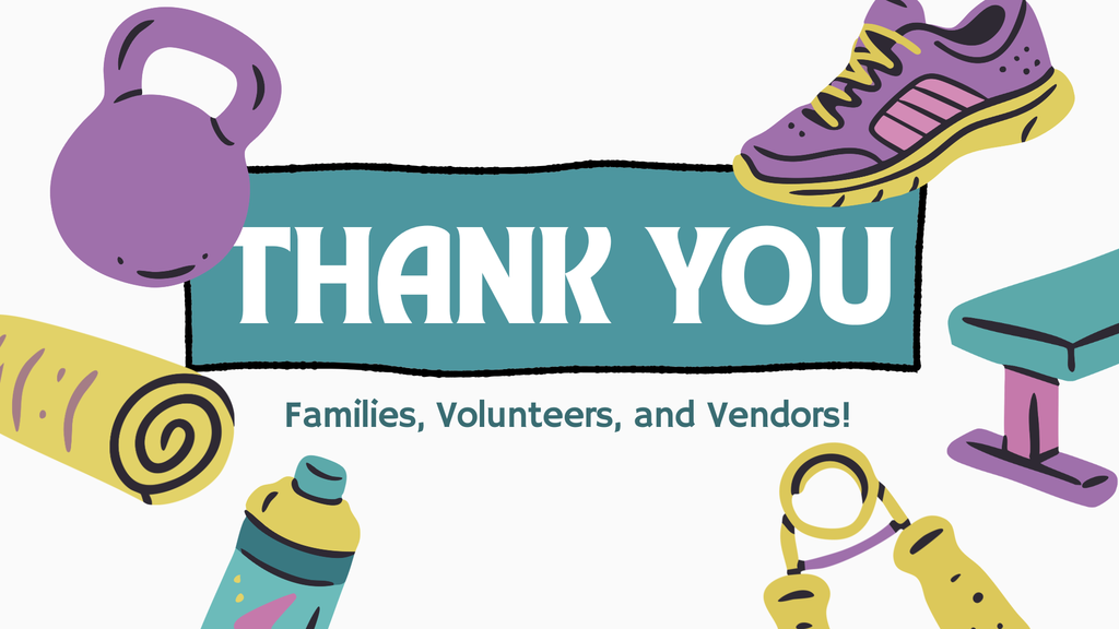 Various exercise equipment surrounds a banner that says "Thank You" in white letters. Equipment includes a kettlebell, yoga mat, and water bottle.