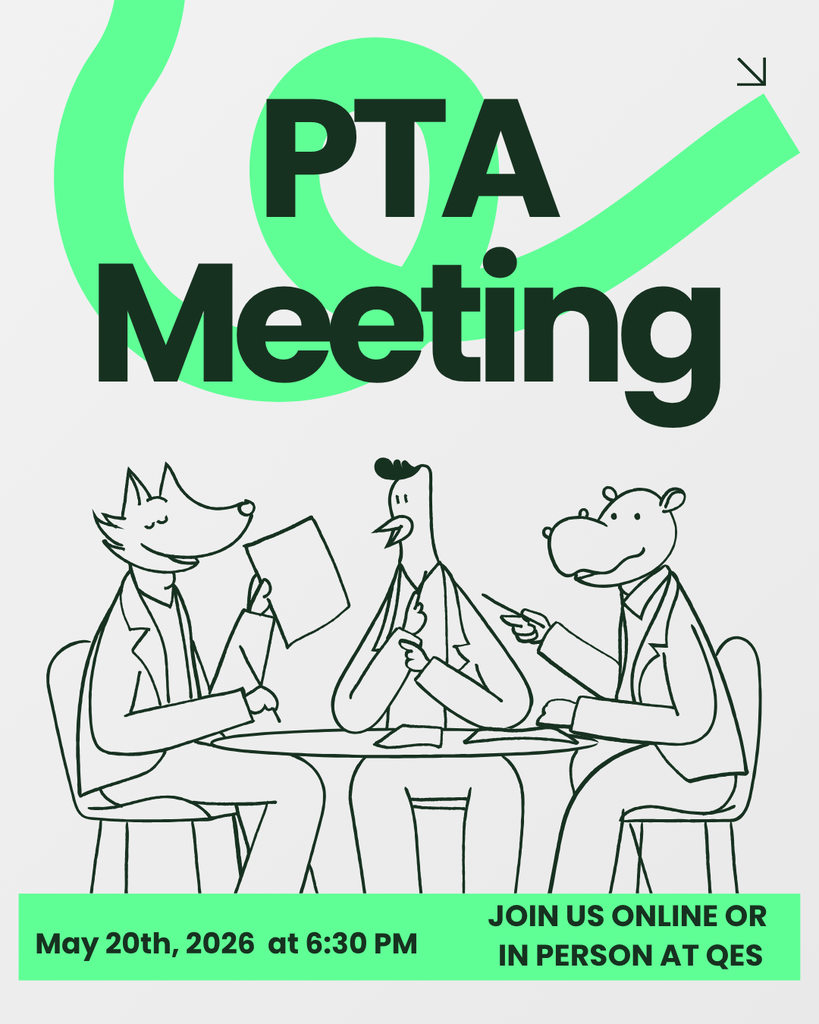 An event poster for a PTA meeting with three cartoon animals seated around a table. Green arrows and text point upwards.