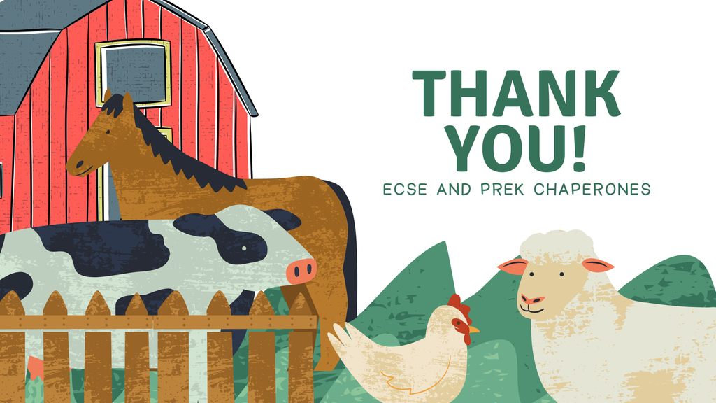 An illustration with a red barn, featuring a horse, cow, sheep, chicken, and fence. A "Thank You!" message is displayed.