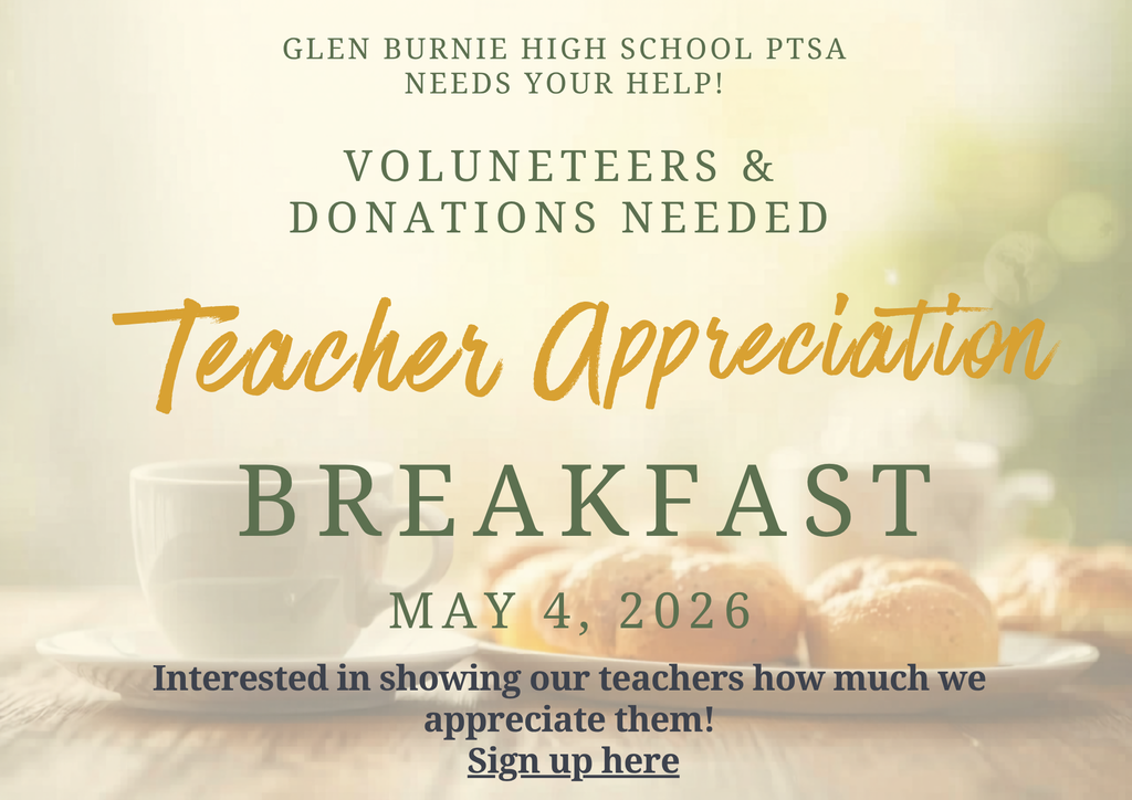 Poster with 'Teacher Appreciation Breakfast' headline. Date: May 4, 2026. Table with coffee cups and pastries.