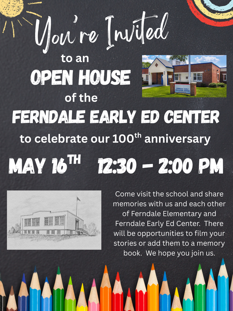 Black background with white text, inviting guests to an open house. Includes a photo of the building and a pencil drawing of another building.
