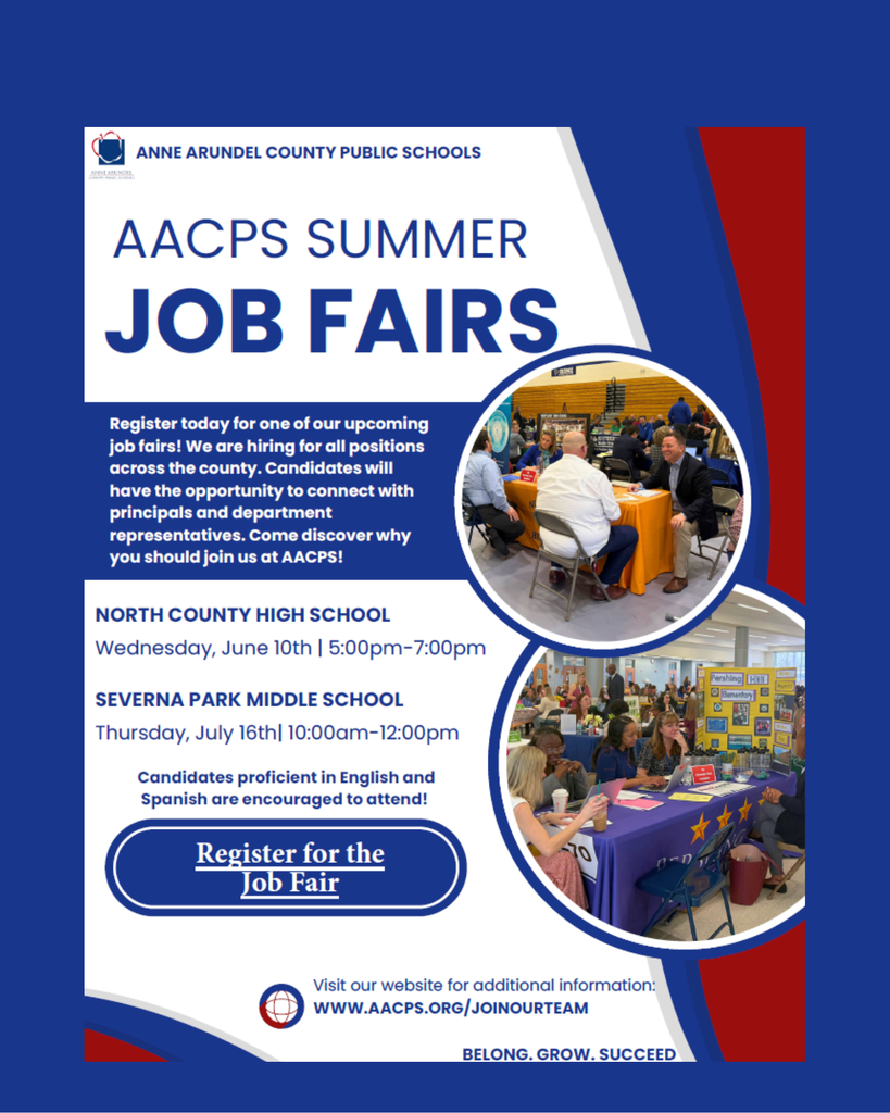 Join us for the AACPS Summer Job Fairs Register today for one of our upcoming job fairs! We are hiring for all positions across the county. Candidates will have the opportunity to connect with principals and department representatives. Come discover why you should join us at AACPS!  📍North County High School 📅 Wednesday, June 10th  ⏰5:00pm-7:00pm  📍Severna Park Middle School  📅 Thursday, July 16th ⏰10:00am-12:00pm  Candidates proficient in English and Spanish are encouraged to attend!   🔗www.aacps.org/summerjobfair