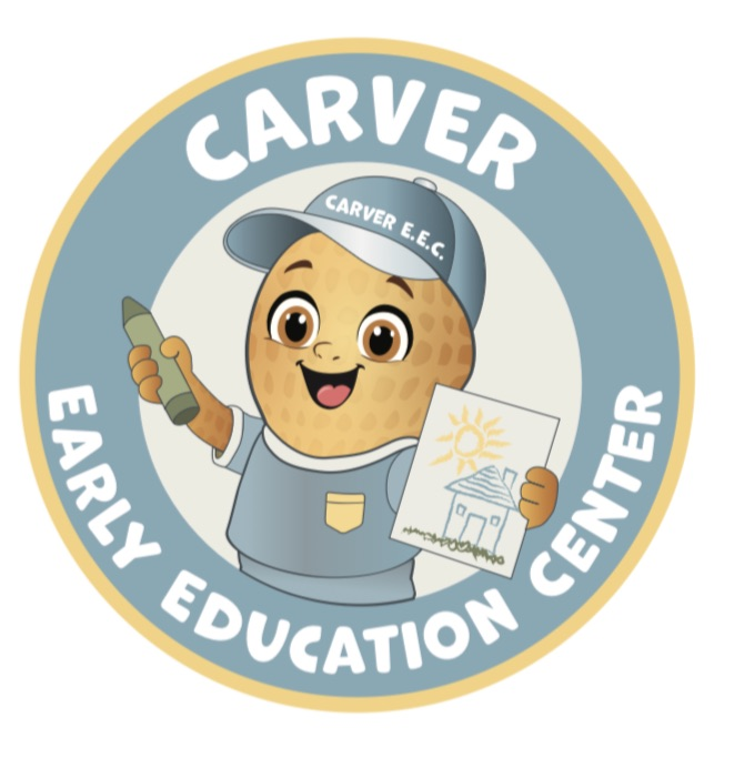 Cartoon peanut smiling holding a drawing and crayon
