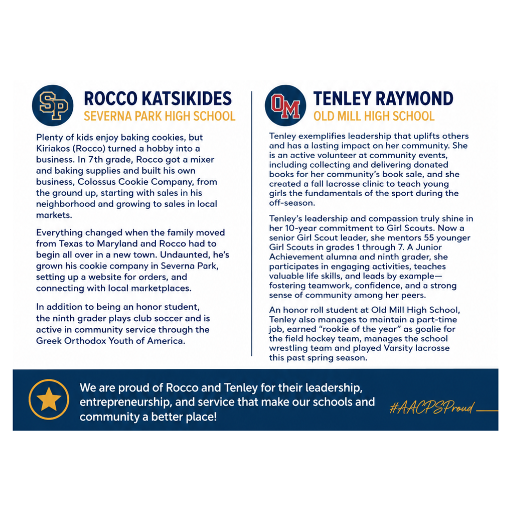Two students, Rocco Katsikides and Tenley Raymond, are recognized for their leadership and contributions to their communities.