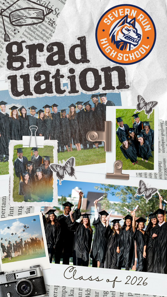 A collage of photos shows graduates in caps and gowns. The school logo is visible. A camera and paper are also included.