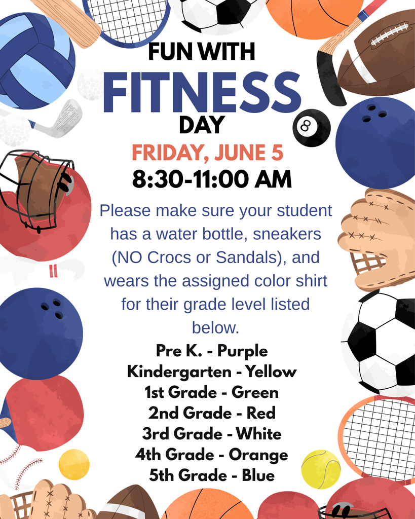 A poster advertising Fitness Day on Friday, June 5, with sports equipment icons and a color-coded grade shirt list.