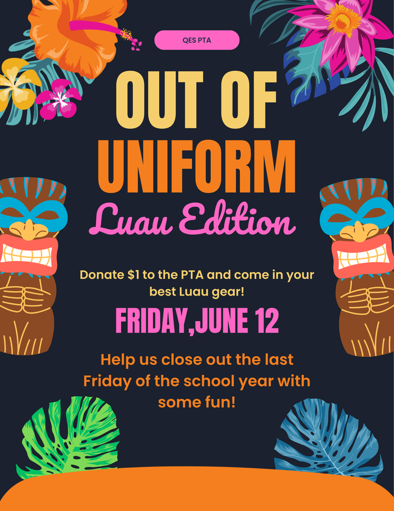 Event flyer with "Out of Uniform Luau Edition" text. It includes tiki masks, tropical flowers, and leaves. Date reads Friday, June 12.