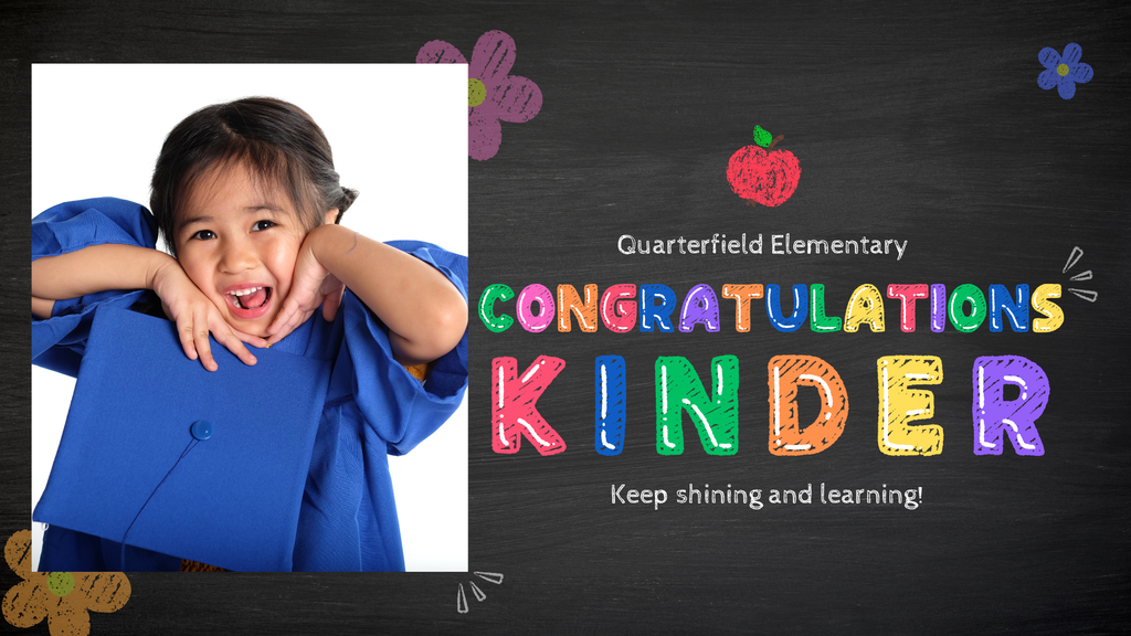 A child in a blue graduation gown, smiling with hands on cheeks, beside text saying "Congratulations Kinder."