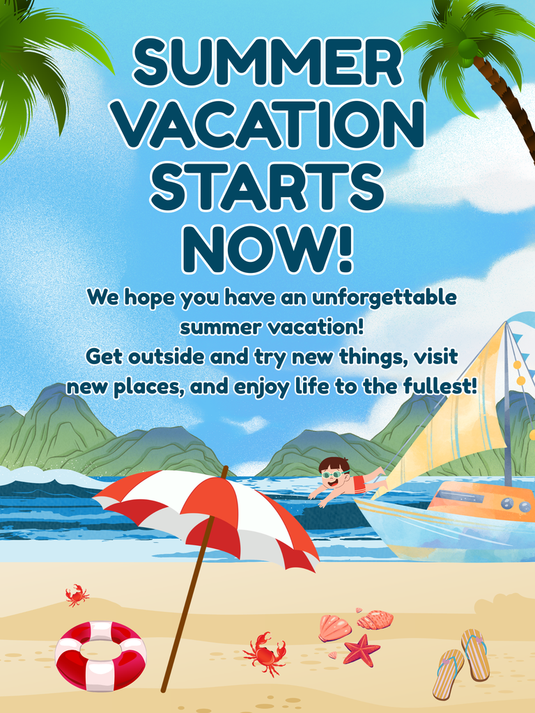 A promotional image with text "Summer Vacation Starts Now!" shows a beach with a red-and-white umbrella, lifesaver, boat, and sea creatures.