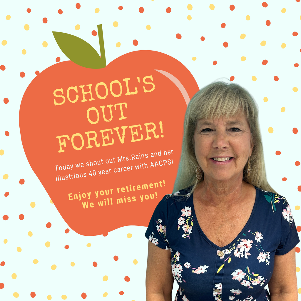 Woman standing in front of a red apple graphic, wearing a blue floral top. Text reads "School's Out Forever!"
