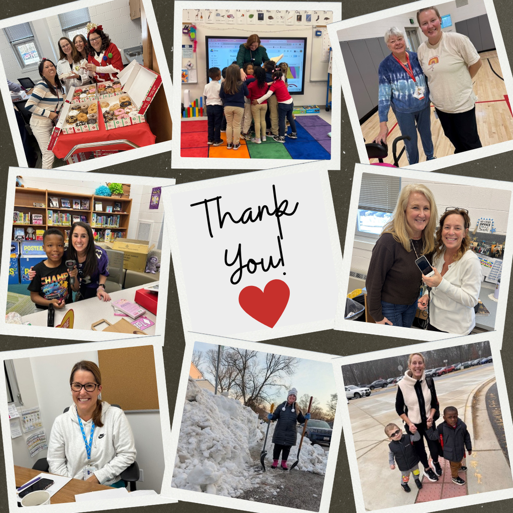 A collage of photos showing various people in different settings, with a white card reading "Thank you!" and a red heart.