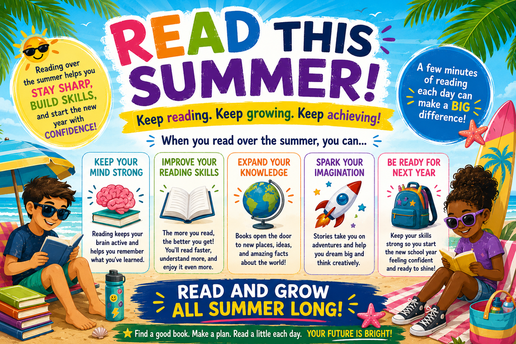 An advertisement encourages summer reading with children under umbrellas, a globe, and a rocket.