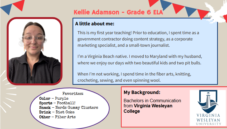 This is my first year teaching! Prior to education, I spent time as a government contractor doing content strategy, as a corporate marketing specialist, and a small-town journalist. I’m a Virginia Beach native. I moved to Maryland with my husband, where we enjoy our days with two beautiful kids and two pit bulls. When I’m not working, I spend time in the fiber arts, knitting, crocheting, sewing, and even spinning wool.