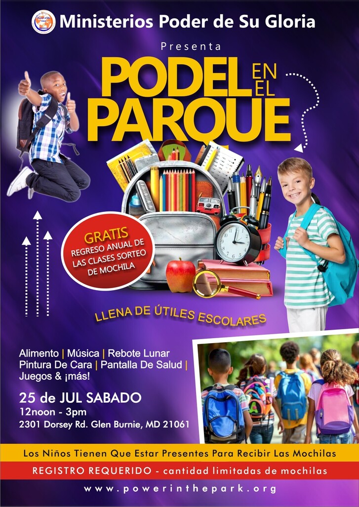 Event flyer for "Podel en Parque" with a boy jumping and others carrying backpacks. Items include books, pencils, and a clock. Date: July 25, time 12-5pm. Location: 2301 Dorsey Rd.